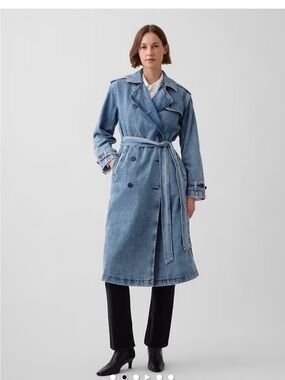GAP Light Blue Denim Trench Coat - Double-Breasted Belted